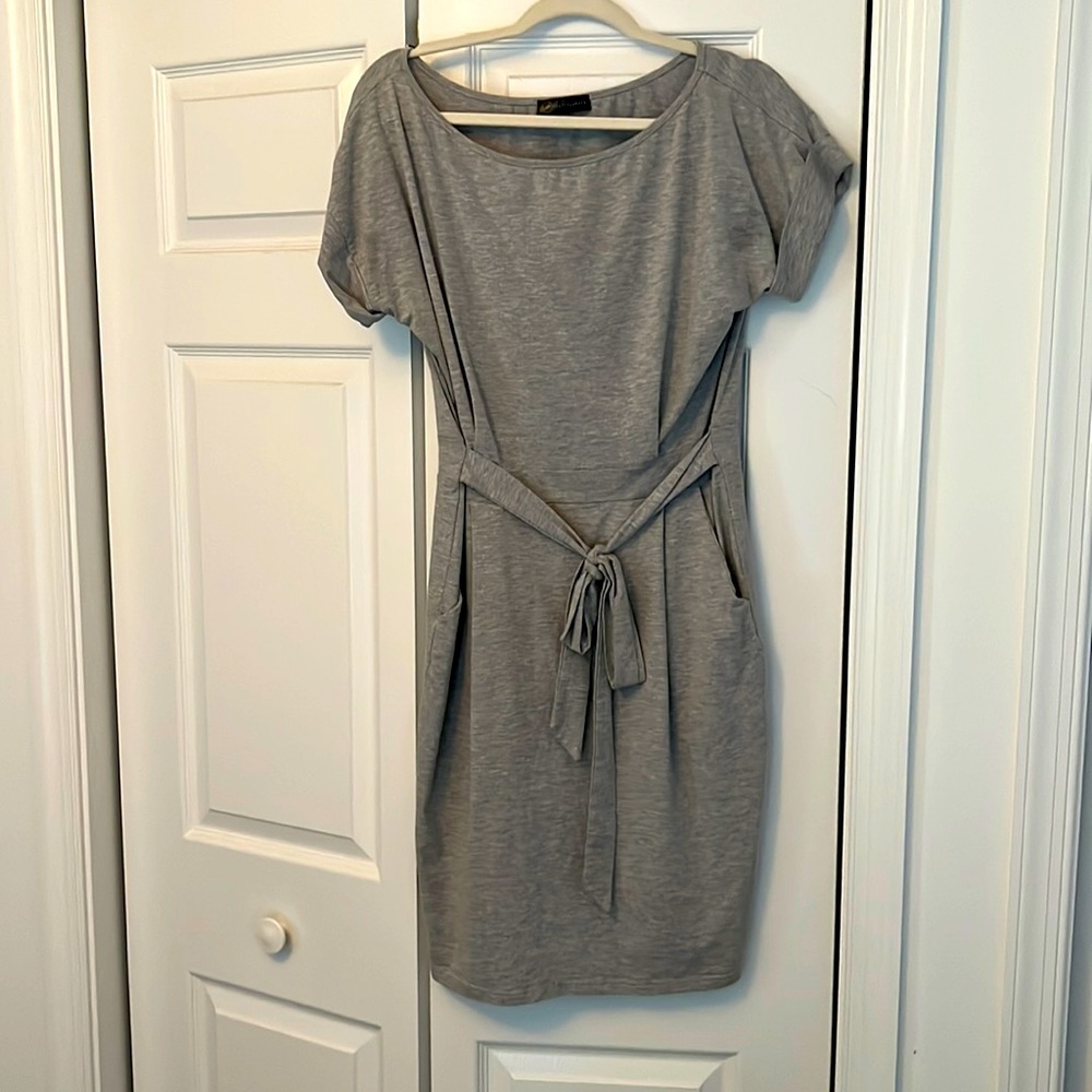Grey Tie Waist Cotton Dress W/ Pockets